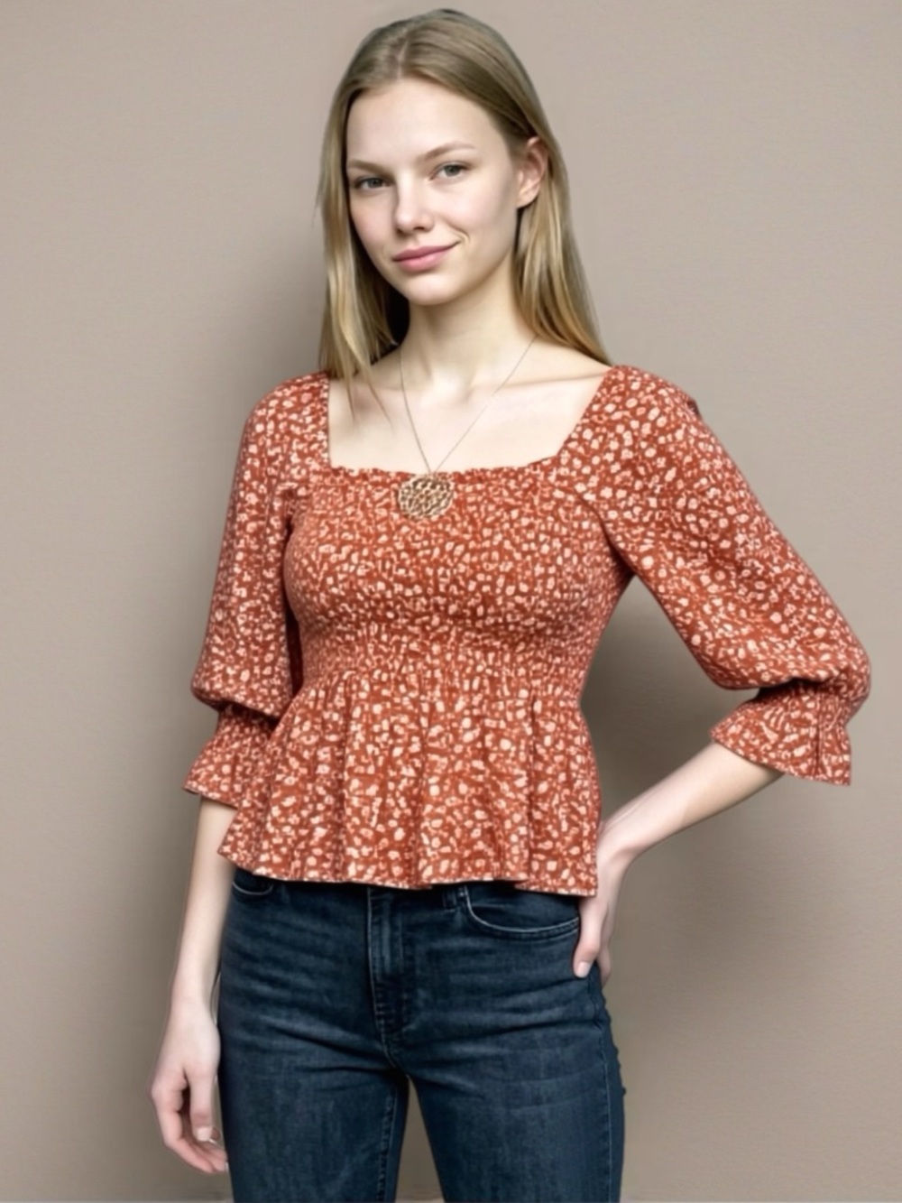 American Eagle Smocked Square Neck Peplum Blouse Size XS